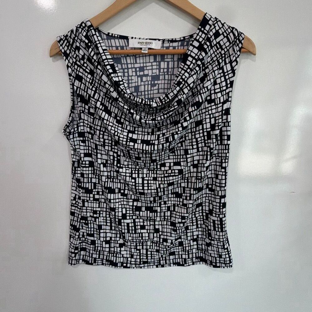 Jones Studio Cowl‎ Neck Top Navy Black Print Med